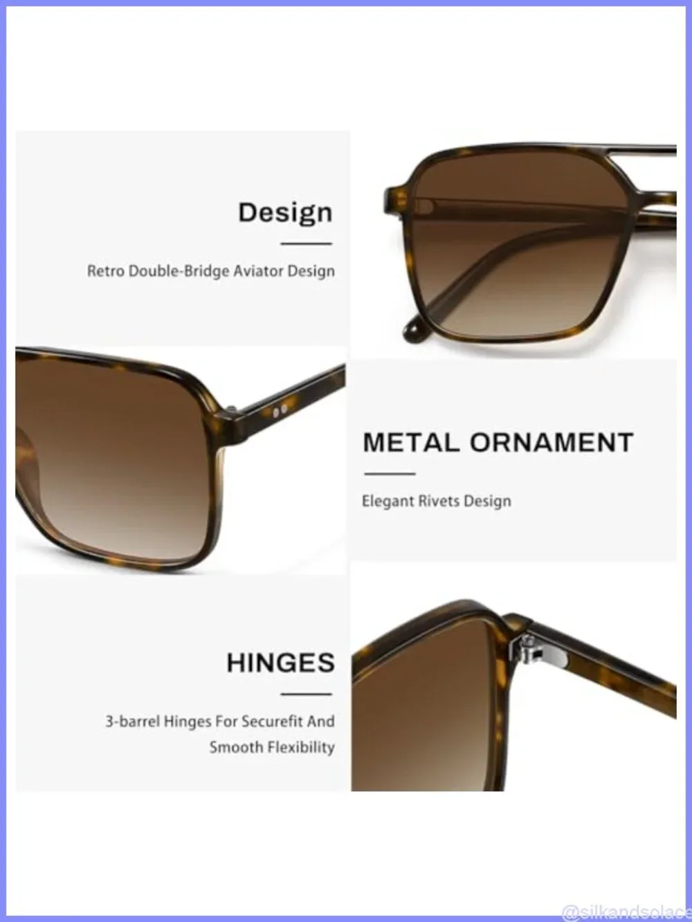 Square Aviator Sunglasses UV400 Protection Retro Double Bar Full Frame